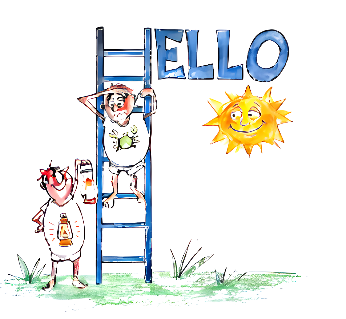 Rory Joyce's illustration — two characters, a ladder holding up the word HELLO, and a smiling sun